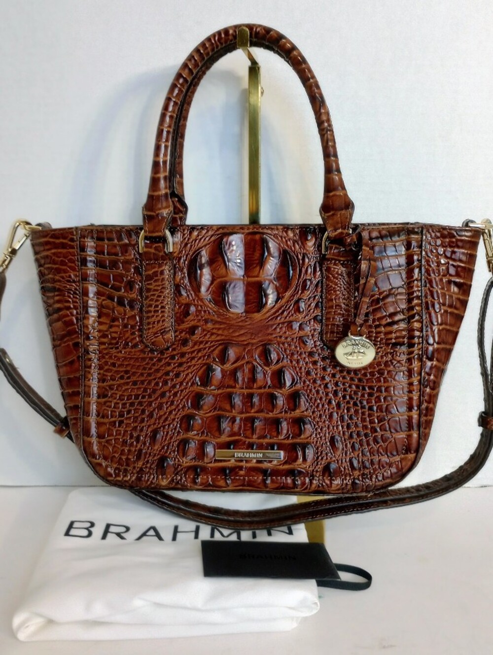 Brahmin Small Ashlee Pecan Melbourne Croc Embossed Leather Crossbody Satchel